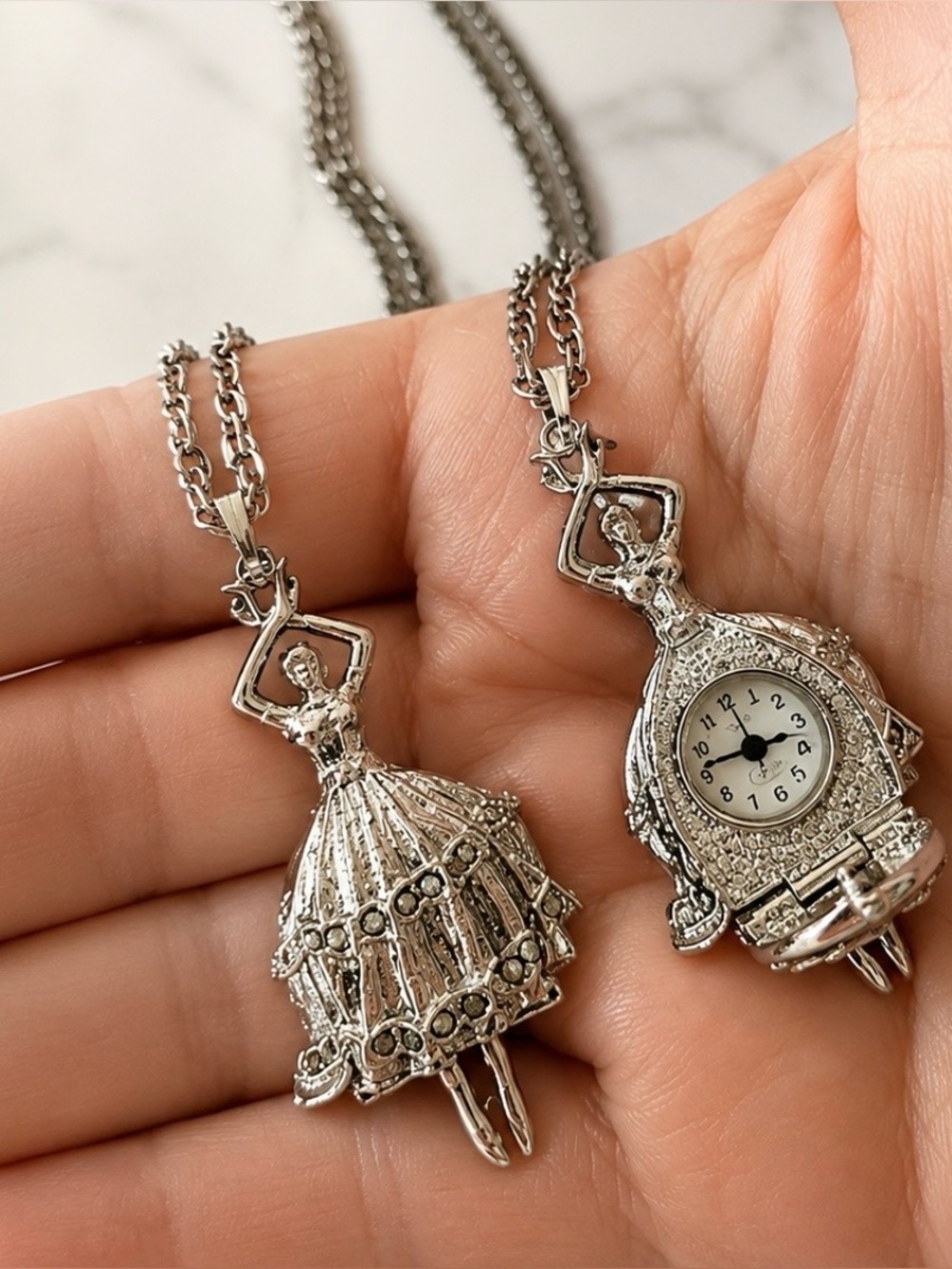 Silver Ballerina Pendant Necklace with Watch